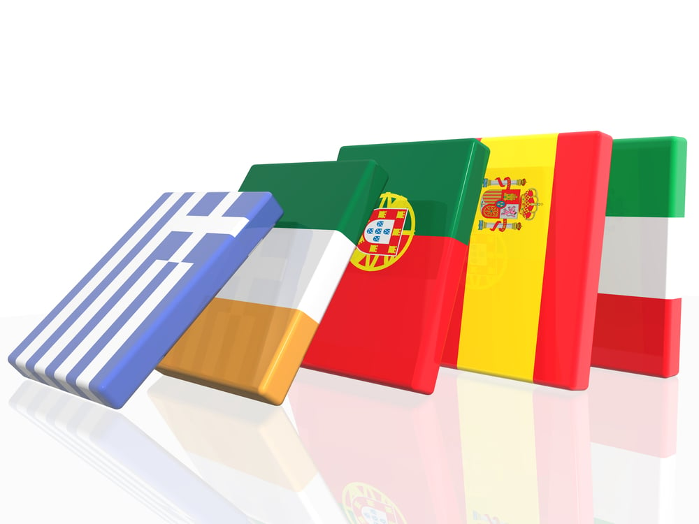 3D Domino effect in European countrys flags   - isolated over  white background