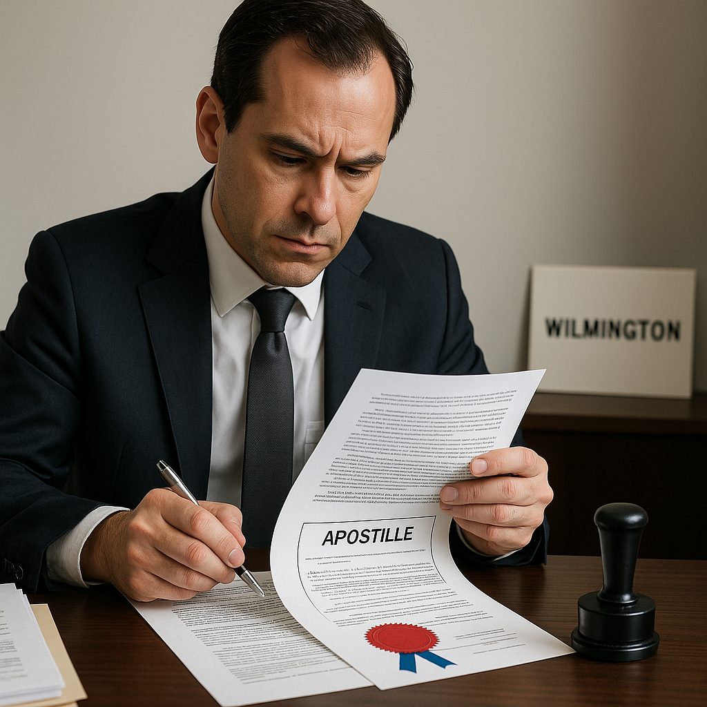 Professional notary specialist carefully reviewing