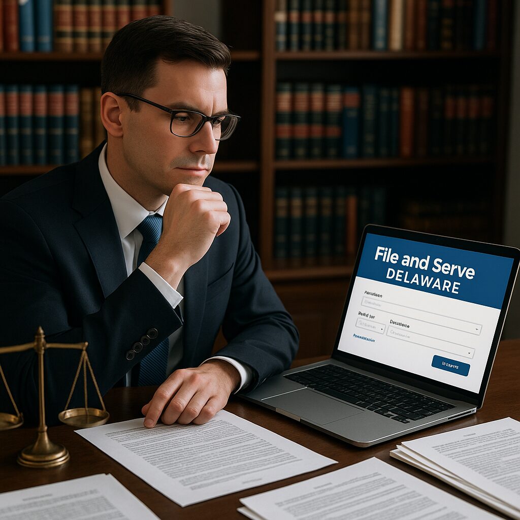 A high-resolution image depicting a professional attorney sitting at a modern desk filled with legal documents and a laptop open to the File and Serve Delaware platform. The office is well-lit with bookshelves filled with law books in the background, creating an atmosphere of efficiency and professionalism.